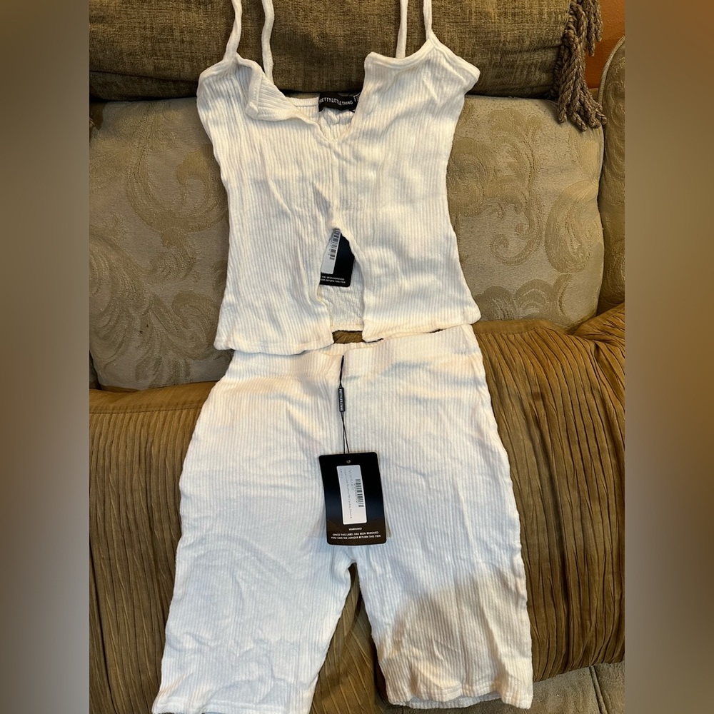 PLT shaped cream brushed ribbed biker short set